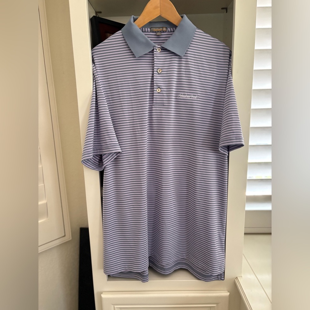 Peter Millar Summer Comfort Polo Lavender/Gray Striped Golf Logo Men’s L